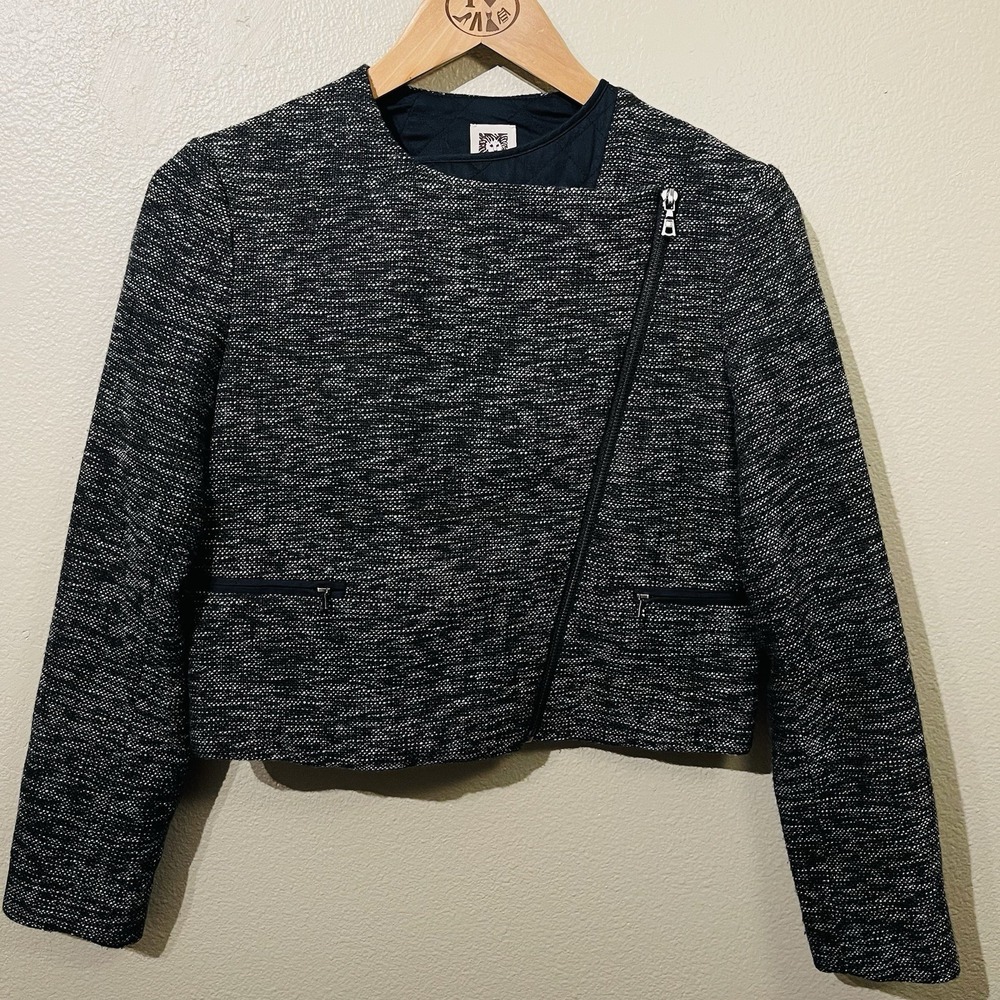 Anne Klein Cropped Biker Moto Style Jacket Tweed Quilted‎ Inside Women's Size 4